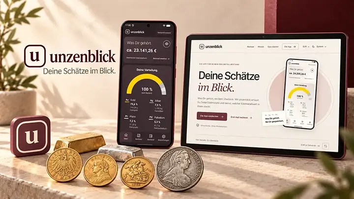 Unzenblick-App im Dunkelmodus neben der hellen Website auf einem Tablet, davor App-Icon, historische Gold- und Silbermünzen sowie zwei Barren.